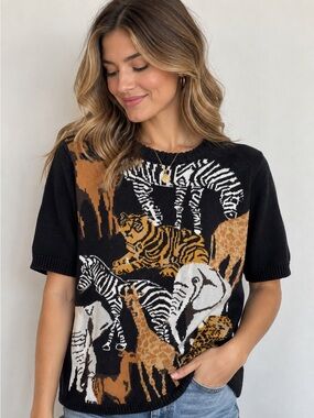 Vintage Women’s Black Animal Print Knit Top